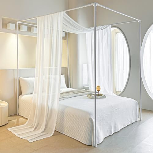 AIKASY Weißer Betthimmel-Schal für King-Size-Betten – luxuriöser durchscheinender Betthimmel Bettvorhänge mit Licht – geeignet für Vier-Poster-Betten, Metall-Bettgestell, Holz-Bettgestell, 1 Stück