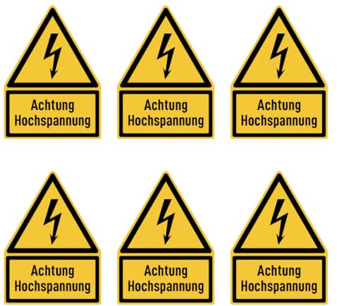 Aufkleber: 75x50 mm, 6 Stück - Achtung Hochspannung - Warnzeichen mit Text (deutsch) (gelb/schwarz) - Dreick - W012 - DIN EN ISO 7010 / ASR A1.3
