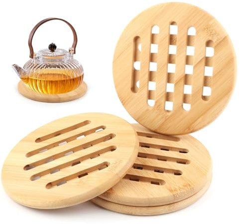 VFANDV 4PCS Salvamanteles de Bambú, Salvamanteles Cocina de Bambú Resistentes Calor, Soportes Ollas Calientes Antideslizante para Cocina, Cuencos, Ollas y Platos (15 x 15cm, Redondos)