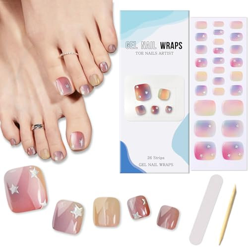 Boloshine Semi Cured Gel Toenail Strips, 26PCS Full Cover Self Adhesive Toe Nail Polish Strips Manicure Stickers, Salon-Quality Long Lasting Pedi Nail Wrap (Fantasy Rainbow)