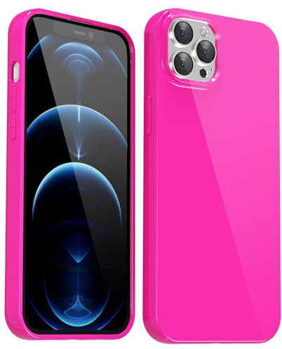 Svanove for iPhone 12 Pro Max Case Silicone, Glossy Soft Rubber Gel Jelly Cute Protective Plastic Simple Plain Phone Case Cover for Women Girl, Slim Thin Flexible Shockproof TPU, Neon Hot Pink