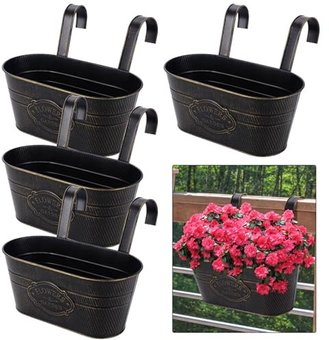 eROOSY Lot de 4 Jardinières Suspendues Pots de Fleurs Exterieur en Métal avec Crochets Métalliques Amovibles pour Plantes, Balcon, Jardin