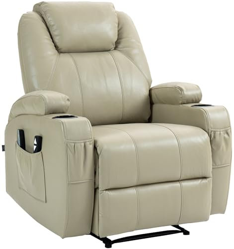 CLP Sessel Hepler Mit Massagefunktion I Verstellbare Rückenlehne Mit Fußstütze Und Getränkehalter I TV-Sessel Mit Wärmefunktion Und Remote, Farbe:Creme, Material:Kunstleder