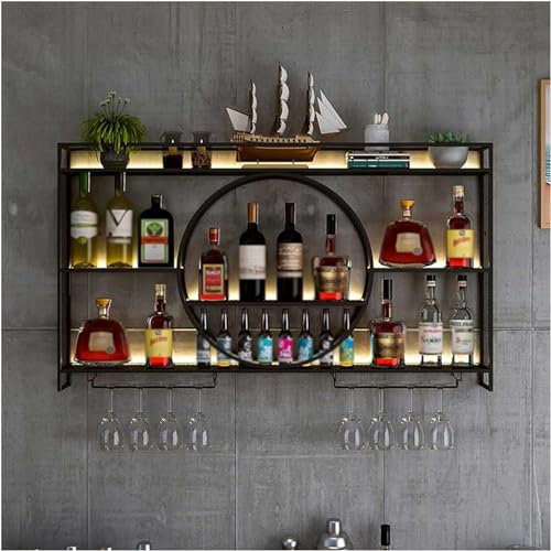 Mensola a Soffitto Mensole Galleggianti per Parete, Portabicchieri in Metallo per Una Facile Installazione Portabottiglie A Parete A 2 Livelli con Portabicchieri per Cucin(Size:120*15*80cm,Color:Nero)