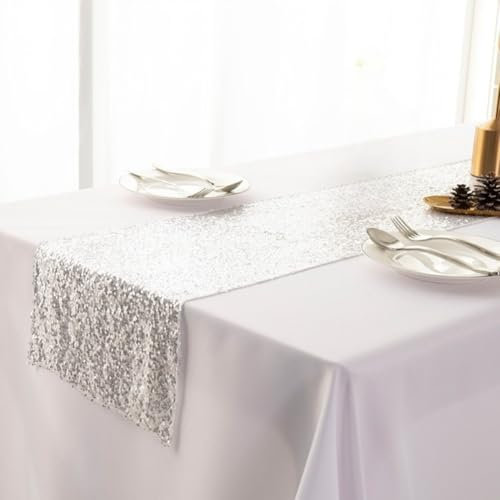 Fudaiki Glitzernder Tischläufer mit Pailletten Esstisch Flaggen Restaurant Tischläufer Dekoriert Hochzeit Tischband Tischdekoration 35x275cm Silber