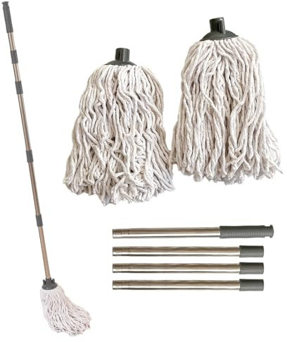 LS Long Cotton Floor Mop with Extra Replacement Mop Head and 3 Piece 110cm Long Stainless Steel Handle Lightweight Mops for Cleaning Floors Home Lobby Kitchen Office