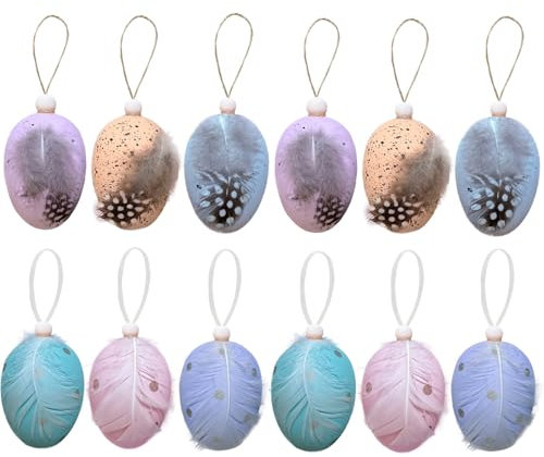 BOOSHMall 12 x Ostereier mit Federn, Ostereier zum Anhängen, Hängdeko für Ostern, 4 * 6 cm Größe Ostereier in Naturei-Optik, Osterdeko und Frühlingsdeko