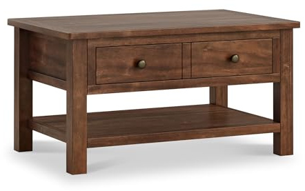 RoselandFurniture Duchy Acacia Coffee Table for Living Room | Wooden Table with Storage Drawer, Shelf & Oak Top, Antique Brass Hardware, Rustic Lodge Style, H45 W85 D55cm