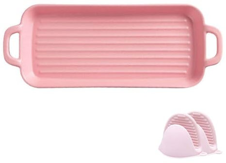 platos de horno, platos de tarta de cerámica, Moldes for hornear rectangulares de color sólido for horno de cerámica, molde for lasaña poco profundo con asas, molde for hornear de porcelana(Roze)