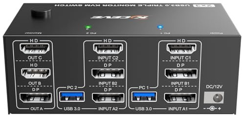 ESKEVE 8K@60Hz KVM Switch 2 PC 3 Monitore, 4K@144Hz Triple Monitore KVM Switch mit 12V Netzteil, Kabelfernbedienung und 2 USB Kabel