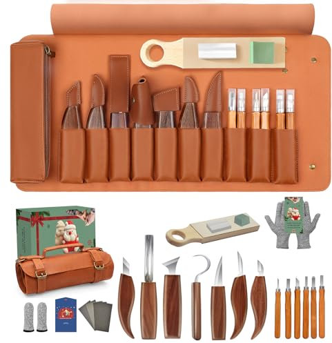 COZYGIFT Wood Carving Kit for Adults & Beginners - 29-Piece Professional Set with Leather Tool Roll, 7 Whittling Knives + 6 Detail Gouges, Splinter-Free Wooden Handles for Woodworking & DIY Gifts