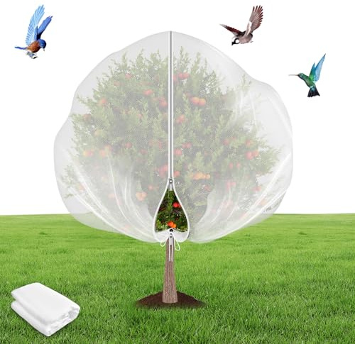 Fruit Tree Netting Garden Netting Plant Covers 1 Piece Fine Garden Mesh Bag with Drawstring and Zipper for Fruit Plant Protection (3m×3m, White)