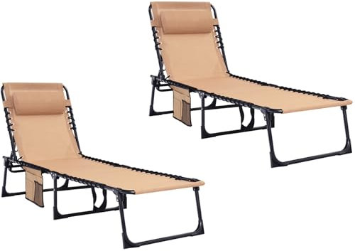 Foristrail Terrassen-Lounge-Sessel, zusammenklappbar, strapazierfähig, 180 kg Kapazität, tragbar, verstellbar, Liege mit Kissen für Pool, Camping, Sonnenbaden, flaches Design (Beige)