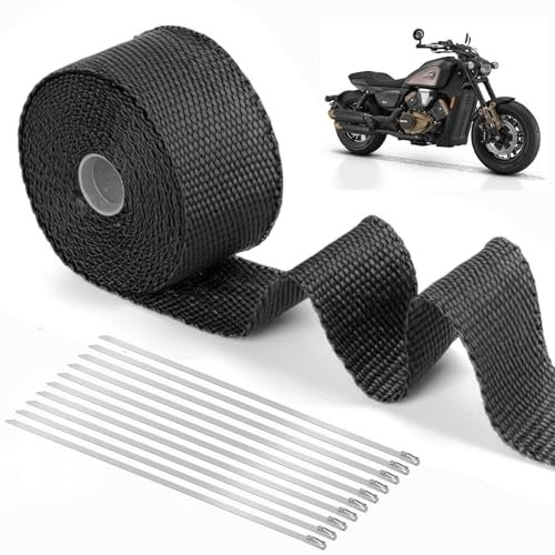 Jortmrd 5M Bande Thermique Echappement Ruban Echappement Moto Ruban Isolant Thermique avec 10 Attaches de Câble en Acier Inoxydable pour Tuyeau Collecteur Echappement