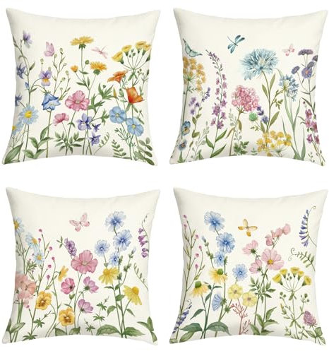 Joymasion Kissenbezüge 45x45 cm 4er Set frühling Sommer Blumen Dekorative Kissenbezug Wildblume Schmetterling Kissenhülle Deko für Sofa Couch Schlafzimmer Wohnzimmer