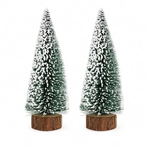 2 Mini Weihnachtsbäume 40 cm/15.75in mit Kunstschnee und Holzsockel | 2er Set Mini Tannenbäume 40cm mit Kunstschnee – für Tisch, Fensterbank, Regal und DIY Weihnachtsarrangements.