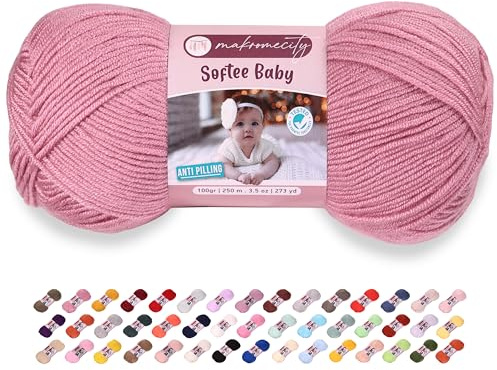 Makromecity Softee Baby Garn, 100% Anti-Pilling Acryl, 100 g, 250 m, weiches Premium Garn zum Häkeln und Stricken, Baby-Strickjacken, Decken, Mützen und Babyschuhe (Staubige Rose, 1 Strang)
