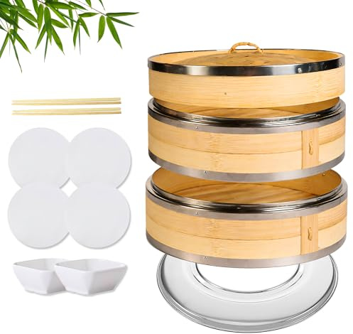 Bamboo Steamer Basket, 2 Tier 10-Inch Steaming Basket Bun Vegetable Steam, Dumpling Steamer with 2 Sauce Dish, 2 Chopsticks,4 Reusable Liners, 1 Ring, Dumpling Steaming bamboo steam baskets