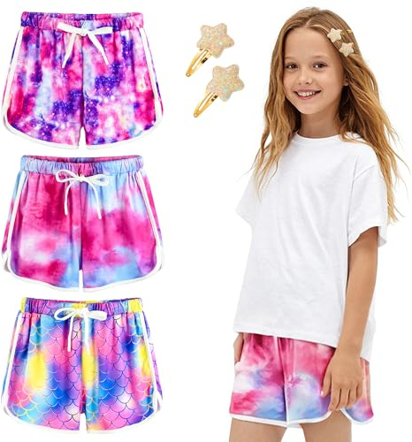 BondEron 3er Pack Mädchen Sport Shorts Retro Look Elastischer Bund Gymnastikhose Turnhose Kurze Hose Schulsport Laufen Training Fitness 8–9 Jahre