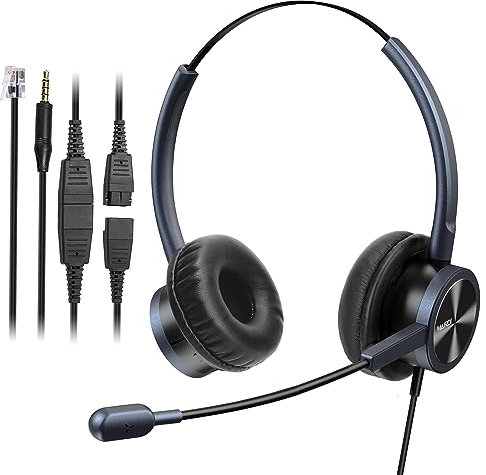 Telefon Headset mit Noise Cancelling Mikrofon büro CallCenter Kopfhörer, mit RJ11 und 3.5mm Klinke für Festnetztelefonen Yealink Panasonic und Handy Smartphone PC Laptops Tablets Handy