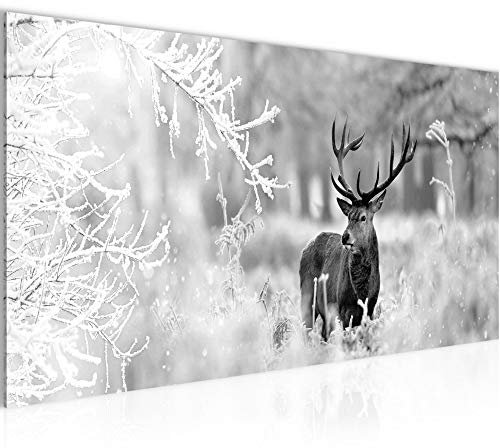 Runa Art Wandbild Winter Hirsch 1 Teilig 100 x 40 cm Modern Bild auf Vlies Leinwand Waldtiere Wohnzimmer Schlafzimmer Schwarz Weiss 004112b