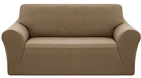 Deconovo 1 x Sofabezug für 2-Sitzer, Hellbraun, mit Armlehnen, dehnbar, aus Jacquard, Sofaüberzug für Kinder, bequem, Wohnzimmer