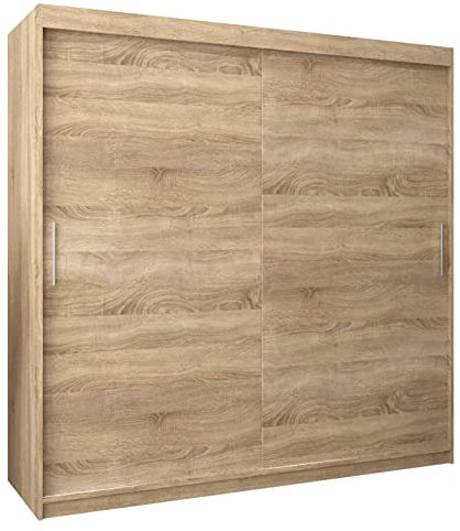 MEBLE KRYSPOL Tokyo 200 Kleiderschrank mit Zwei Schiebetüren für Schlafzimmer – moderner Aufbewahrungsschrank mit Kleiderstange und Regalen – 200x200x62cm - Sonoma