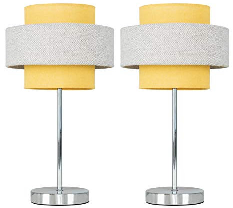 MiniSun | Modern Polished Chrome Touch Table Lamps with Mustard and Grey Herringbone Shades | Table Lamps, Home Décor & Improvement Essential | Set of 2
