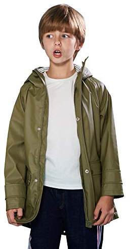 SOLOCOTE Veste de pluie pour enfants avec capuche imperméable et coupe-vent sac à dos en caoutchouc doublé pour filles et garçons kaki 5-6 ans