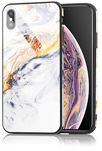 NALIA Hartglas Hülle kompatibel mit iPhone X/XS, Marmor Design Hard-Case aus 9H Tempered Glass & Silikon Bumper, Kratzfeste Handyhülle Phone Cover Schutzhülle Handy-Tasche, Farbe:Gold Grau