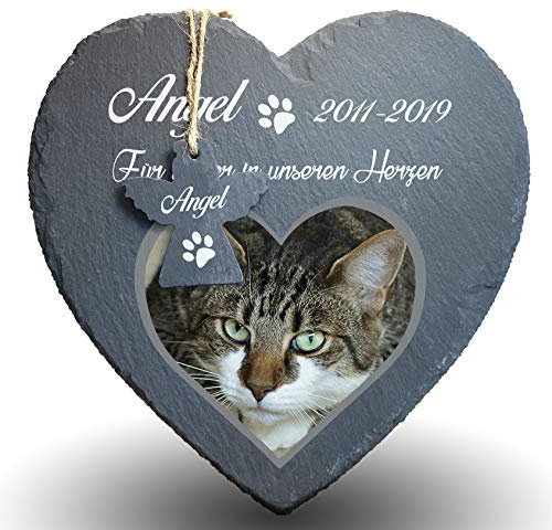 Individueller Personalisiert Herzform Tiergrabstein Schiefer Gedenkstein für Hund, Katze und andere Haustiere Tiere - Größe | 25 x 25 cm | - Herz und Engel