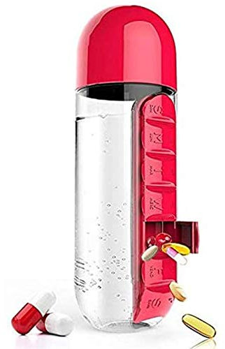 RDJSHOP Pillendose Wasserbecher 7 Tage Tablettenspender, 2 in 1 Pille Organizer Wasserflasche mit Daily Pill Box für Vitamin, Fischöl,Red
