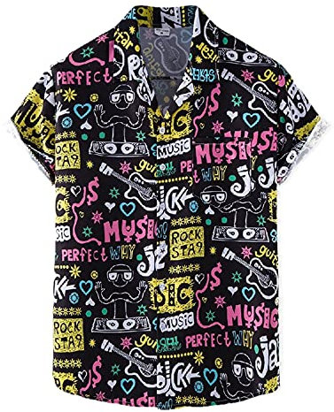 T-Shirt Herren Hip Hop Style Vintage Druck V-Ausschnitt Herren Freizeitshirt Sommer Atmungsaktiv Kent-Kragen Knopfleiste Taschen Kurzarm Shirt Mode Trend Hawaii Herren Strandhemd XH67 3XL