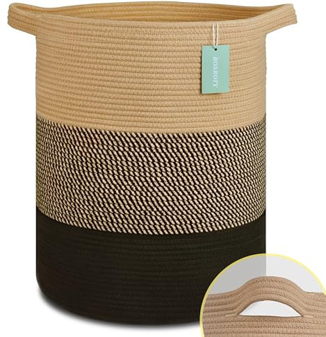 BOSROTY Large Blanket Basket, Nursery Hamper, Tall Laundry Basket 72L, Cotton Rope Woven Laundry Hamper for Storage Toys Clothes Towels, 40 x 55 CM, Brown & Black