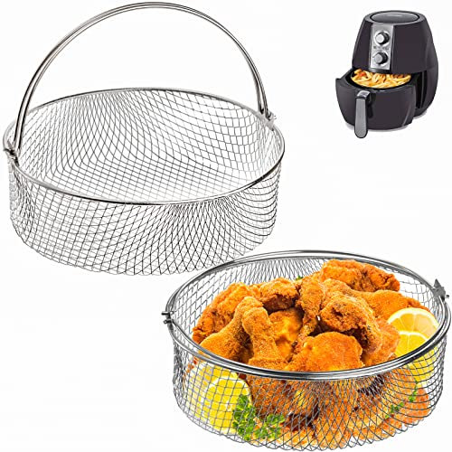 Elsjoy 2 Pack 8 Inch Stainless Steel Air Fryer Basket, Instant Pot, Oven, Steamer Replacement Accessory Mesh Basket with Handle