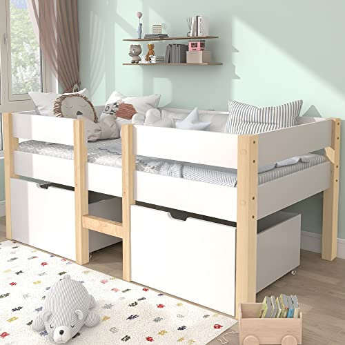 GBHJJ Hausbett Kinderbett Jugendbett, Bett Kinderbett mit Schublade und Rausfallschutz, Kiefer-Vollholz-90x190 cm-Weiß & Eiche
