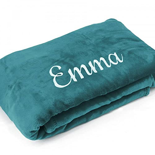 Kuscheldecke XXL mit Namen oder Wunschtext Bestickt - extra große 240x220 cm gemütliche Sofadecke Wohndecke, weiches Fleece, personalisiertes Geschenk für Männer und Frauen - Dunkelpetrol