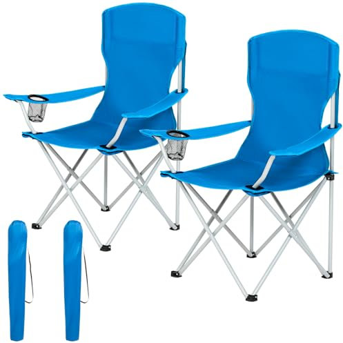 AMHANCIBLE Campingstuhl Faltbar 2er Set, Angelstuhl Klappbar mit Getränkehalter, Gartenstuhl mit Hohe Rückenlehne, Klappstuhl Camping mit Armlehnen, Campingstühle Leicht, Tragbar, bis 150Kg EOCC02BU