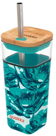 Quokka LIQUID CUBE WATER FLOWERS | VERRE EN VERRE AVEC PAILLE ET COUVERCLE EN SILICONE 540 ML