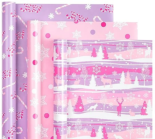 WRAPAHOLIC Weihnachts-Geschenkpapierrolle – Mini-Rolle – 3 Rollen – 43,2 x 308,2 cm pro Rolle – Pastellrosa und lila Rentier, Zuckerstange mit Freude, Schneeflocke Holiday Collection