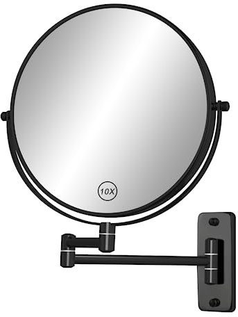 FFowcye Miroir de rasage mural de 20,3 cm, miroir grossissant double face 1x/10x, miroir de courtoisie de salle de bain, pivotant à 360° avec bras d'extension, noir (sans lumière)