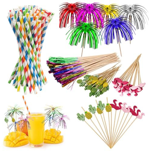 Lot de 150 décorations de cocktail, accessoires de cocktail, flamant rose, bâtons parapluies, bâtons en papier, pailles en papier, décorations de boissons, décorations pour Noël, Nouvel An, plage,