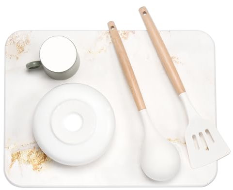 Amilutuo Tapis d'égouttement pour vaisselle, 40 x 30 cm, bac d'égouttement en pierre, tapis d'égouttement d'évier, en terre de diatomées absorbant rapidement l'eau 10 secondes (marbre doré) (LSD-LJ)