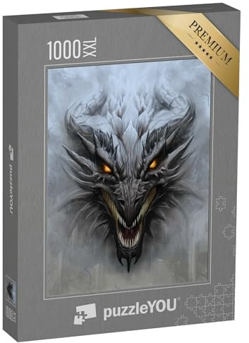 Puzzle 1000 Teile XXL „Drachenkopf auf dem grauen Stein“ – aus der Puzzle-Kollektion Drache, Fantasy, Tiere aus Fantasy & Urzeit