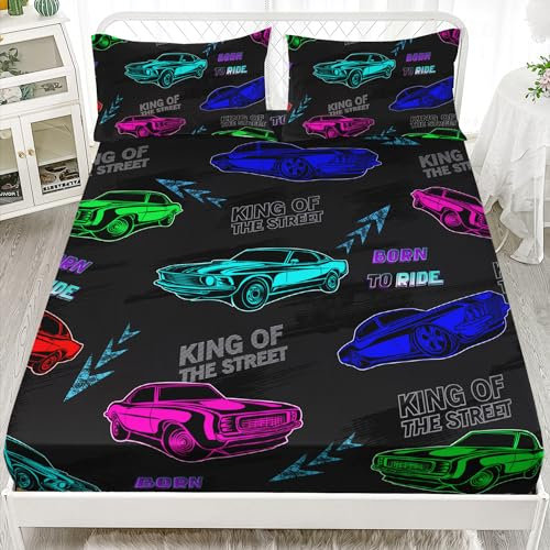 AILONEN Rennwagen-Spannbetttuch, Doppelgröße, Fast and Furious Extremsportspiele, Bettwäsche-Sets für Kinder, Jungen, Teenager, Cartoon-Sportwagen-Bettlaken-Set, 1 Spannbetttuch, 2 Kissenbezüge,