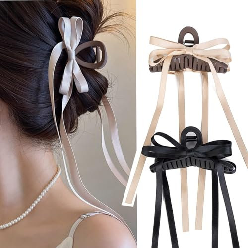 Lilbitty 2 Stücke Schleifen-Haarspangen mit langem Schwanz, 12,7 cm Quastenband-Haarklammern, Damen-Haarspange für Mädchen, große Haarspangen (braun und schwarz)