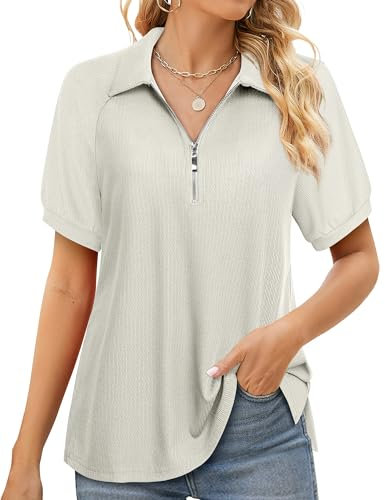 Vafoly Blusen Tuniken für Damen Kurzarm Sommer Oberteile Business Tunika Shirt Lässig Blusen mit Reißverschluss V-Ausschnitt Einfarbig Silberne Birke XXL