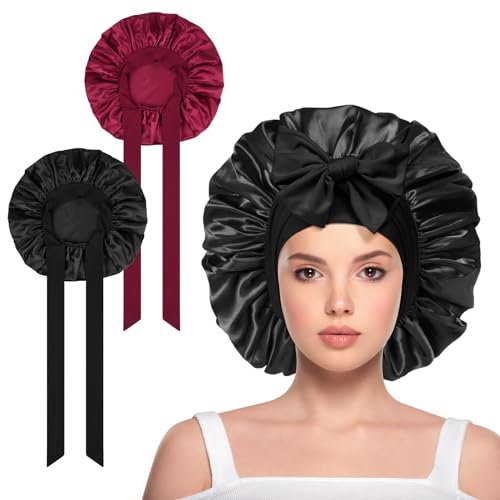 ACWOO 2 Stück Duschhauben,Seidenhaube zum Schlafen, Schlafhaube Seide Verstellbare Satin Haarhaube Atmungsaktive Haarhaube für die Nacht Weiche Silk Bonnet Schlafmütze für Damen und Mädchen(Einseitig)