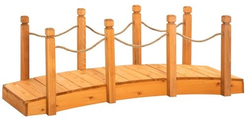 Outsunny Ponte da Giardino ad Arco in Legno d'Abete, Ponticello di Legno da Cortile con Sponde Laterali in Corda di Canapa,150x58x58.5cm, Arancione
