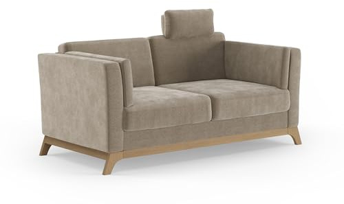 Cavadore 2,5er-Sofa Vida / 2,5-Sitzer Couch im trendigen Design mit massivem Holzrahmen in Buche, Kopfstütze mit Kuschelkissen / 183 x 84 x 93 / Mikrofaser, Perlbeige